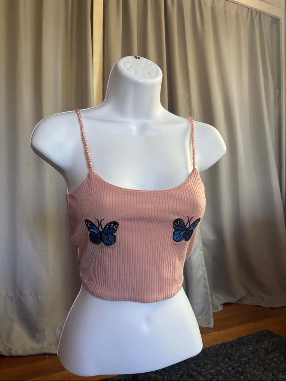 Zaful Pink Ribbed Cami with Blue Butterfly Patches